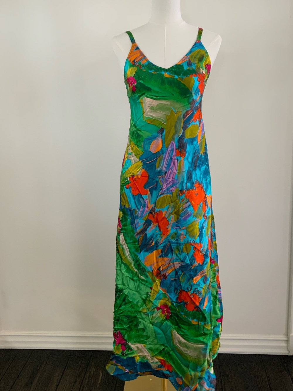 Johnny Was Green Floral Slip Maxi Dress with Orange & Blue Accents
